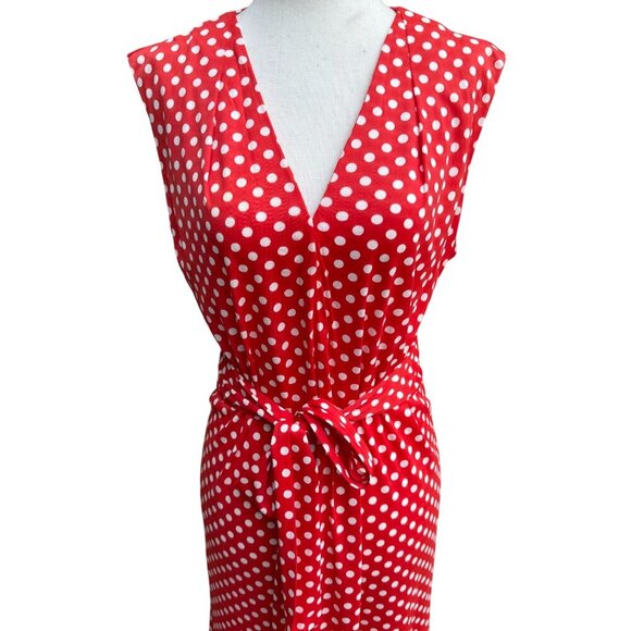 Vintage Womens Red & White Polka Dot V Neck Tie Waist Sleeveless Midi Dress - Picture 6 of 11